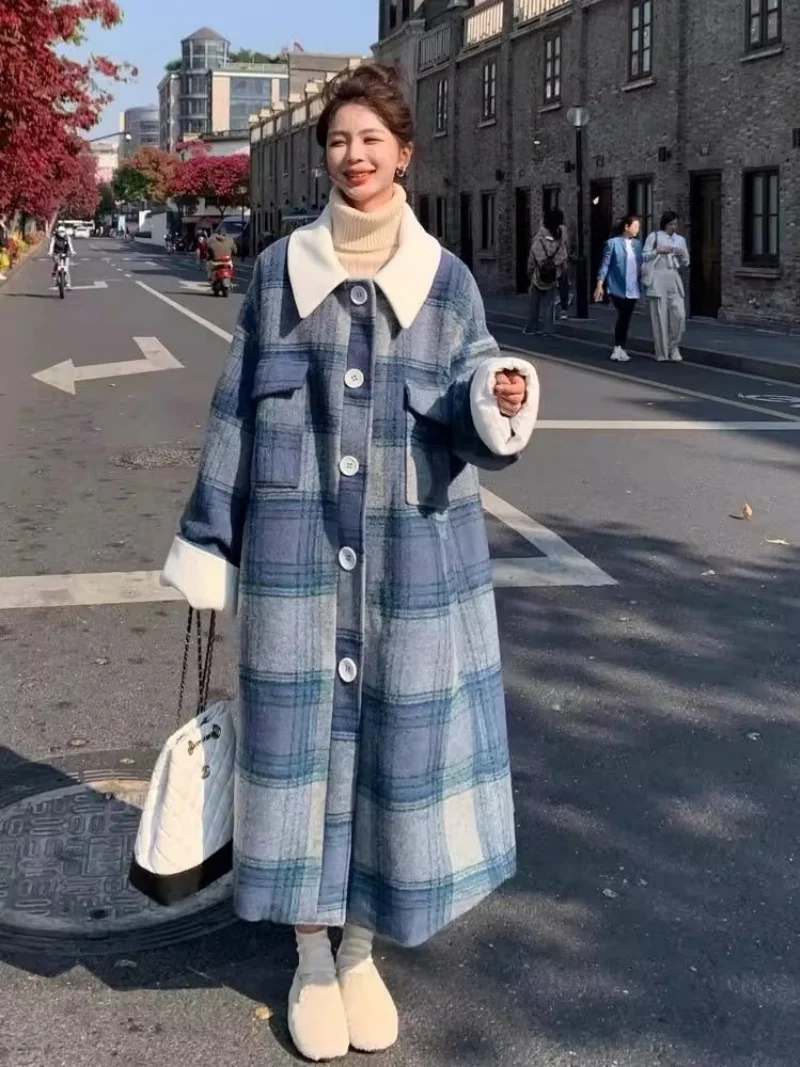 

Шерстяная ветровка очень большого размера в стиле ретро, синяя клетчатая осенне-зимняя новая тенденция, модная свободная длинная куртка, пальто w1584