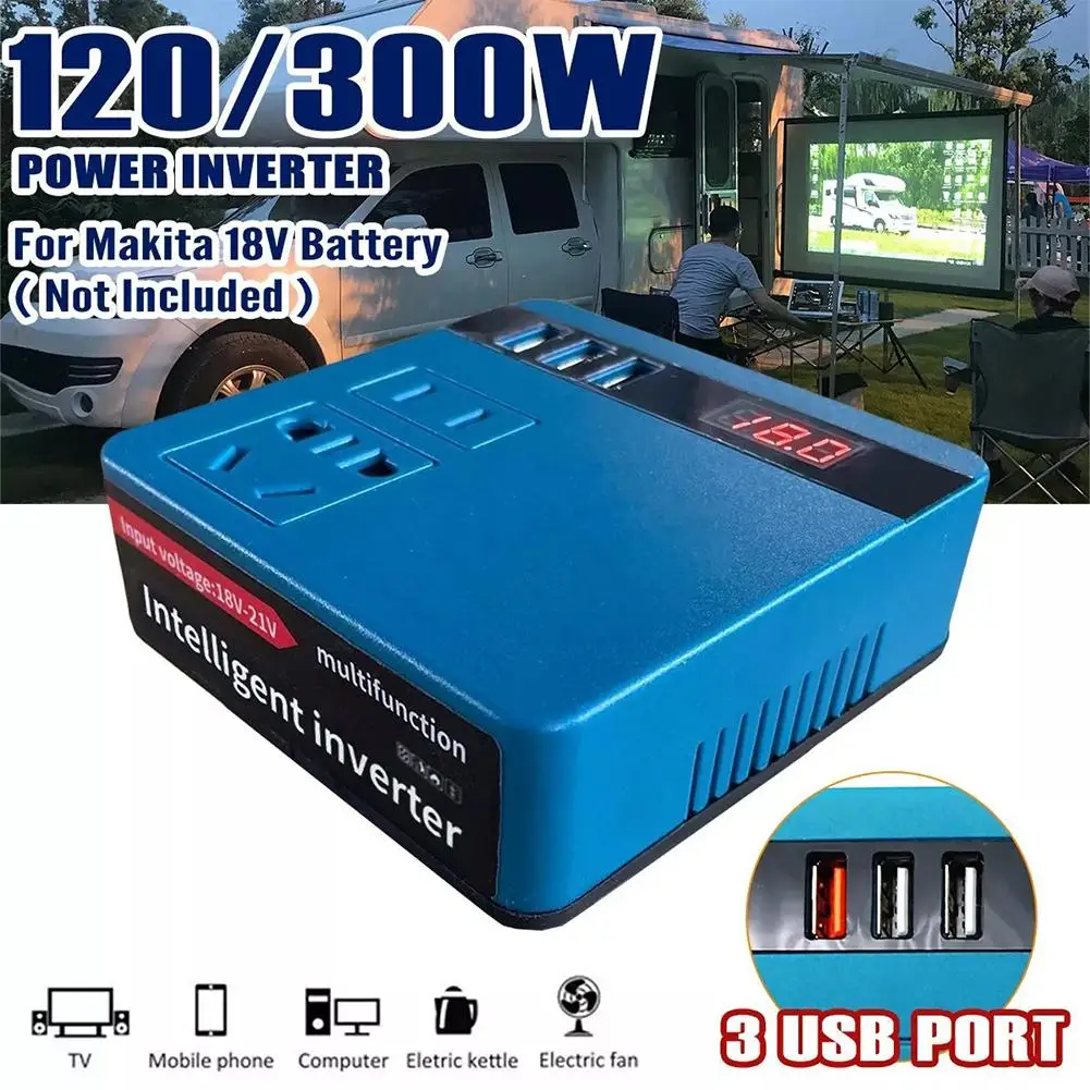 300W Power Inverter DC 18V-21V To AC 220V Lithium Battery Inverter With Dual USB,1 QC 3.0 For DeWalt / Makita / Milwaukee J8J4