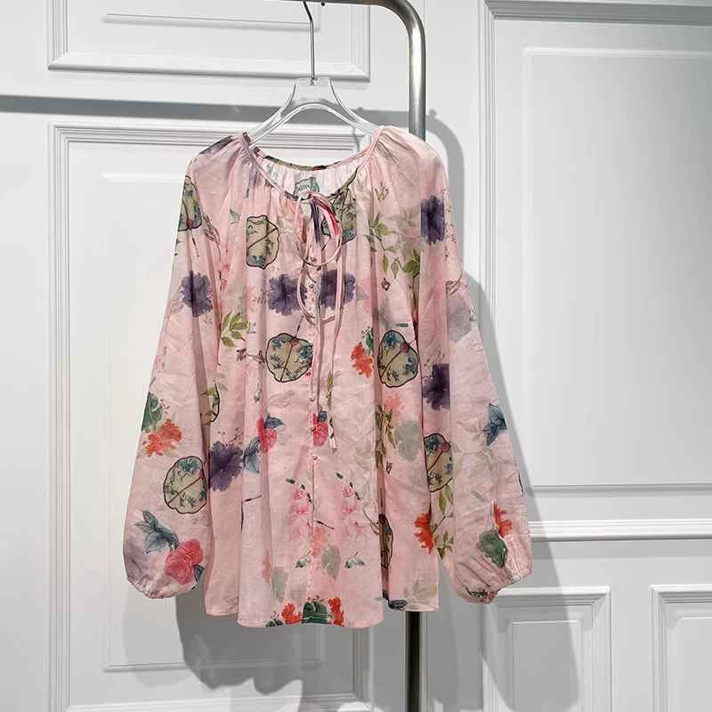 

Свободная женская рубашка с длинным рукавом, лето 2025, новинка, в китайском стиле, национальный тренд, защита от солнца, принт, смесь хлопка и полиэстера