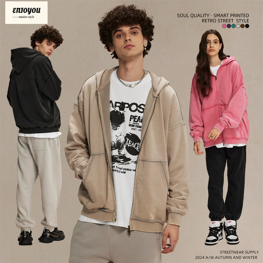 

ENJOYOU Ретро мужские тяжелые толстовки на молнии 450 г/м2, свободные потертые потертые вязаные пальто с капюшоном в стиле батик, куртка HY0889