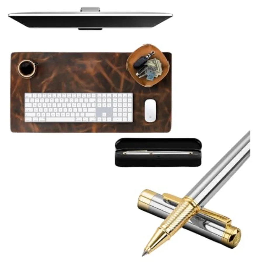 Luxury Rollerball Pen and 2-Layer Leather Desk Mat Bundle 24K Gold Trim Executive Pen with Schmidt Ink and Large 3mm Desk Pad B