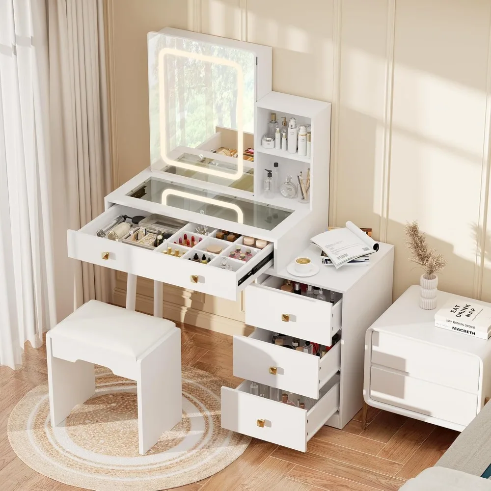 Makeup Vanity Desk with Mirror and Lights Set, White Vanity Table with Glass Top and 3 Lighting Modes, Vanitys Desk with Stool,