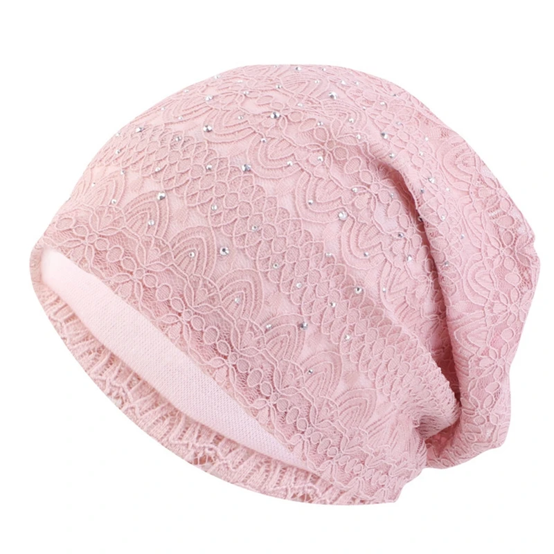 Crystal Lace Beanies Hat Women Slouchy Knit Hats Flower Headscarf Cap Ladies Comfortable Fashion Skullies Turban Hair Cover