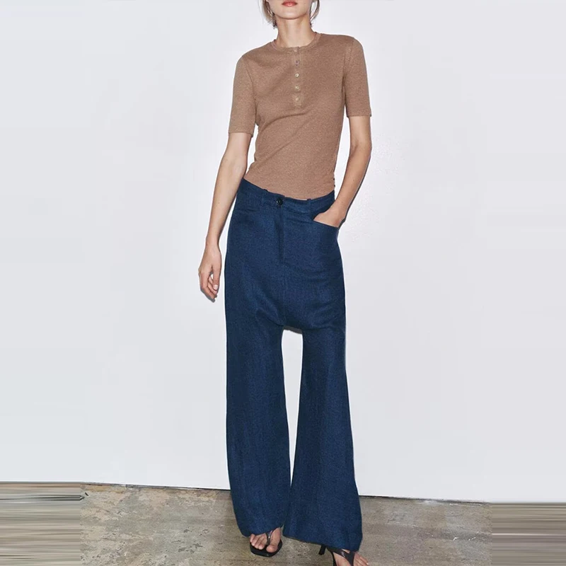Summer 2025 Women's Style Mixed Fiber T-shirt Button Detailing Casual Wear Polyester Blend Short Sleeve round Neck Commute Fr...