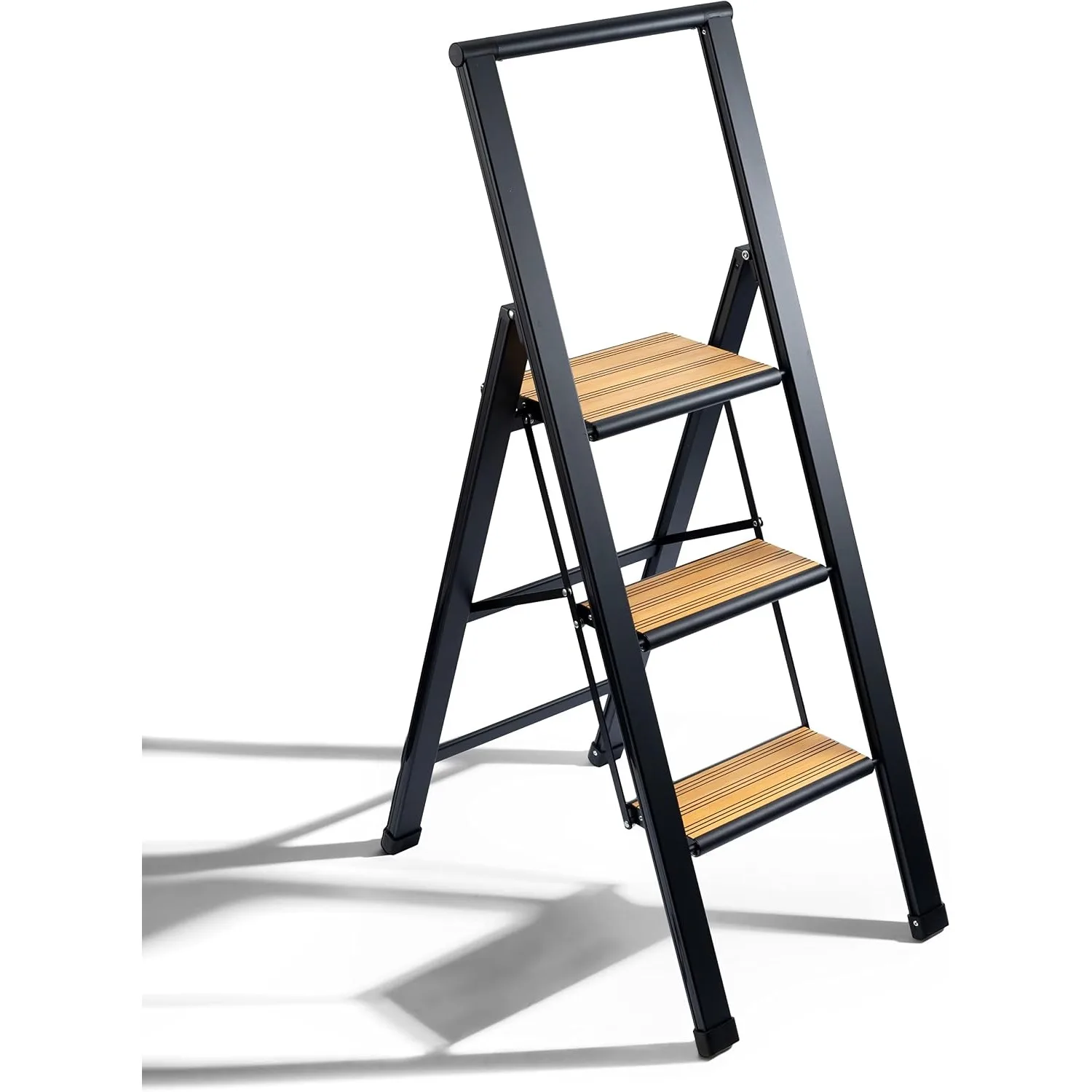 Step Ladder 3 Step Folding, Decorative - Beautiful Bamboo & Black Aluminum, Ultra Slim Profile, Anti Slip Steps, Sturdy-Portable for Home, Office, Kitchen, Photography Use