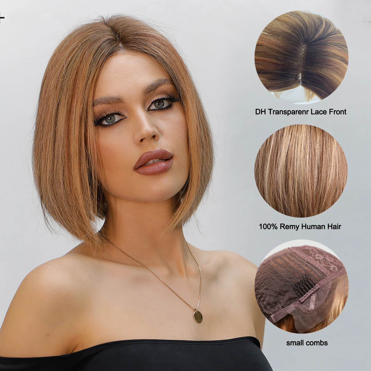 HAIRCUBE brązowe krótkie peruki z prostymi włosami dla kobiet 13*1 koronkowe peruki z ludzkimi włosami damskie środkowe rozstawione Ombre blond Bob peruka z włosów typu Remy