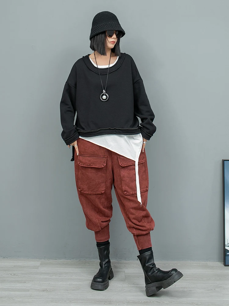 Loose Flannel Round Neck Asymmetrical Long Sleeved Sweatshirt + Multi Pocket Small Feet Pant Two Piece Set Women LX2614