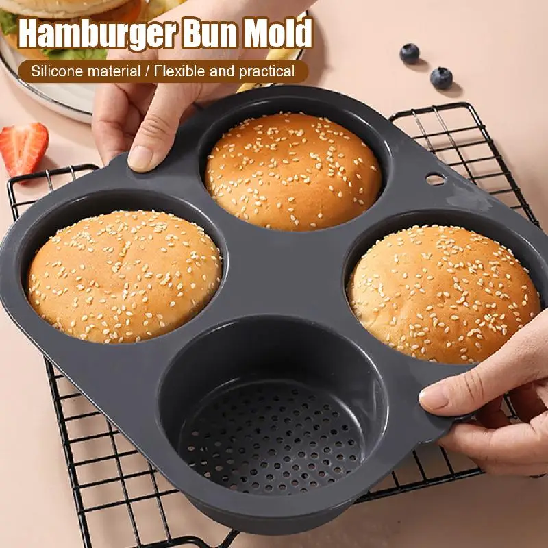 Hamburger Bun Mold Baking Hamburger Bread Pan Non-Stick Silicone Mold Dishwasher Safe 4 Cavities for Burger Buns Kitchen Tools