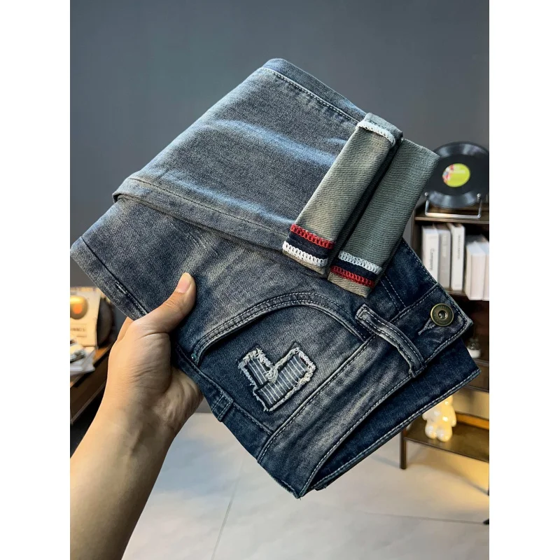 Hole & Patch Belt Style High-End Elastic Trend Blue Slim Fit Ankle-Length Soft Jeans Men's 2024 New