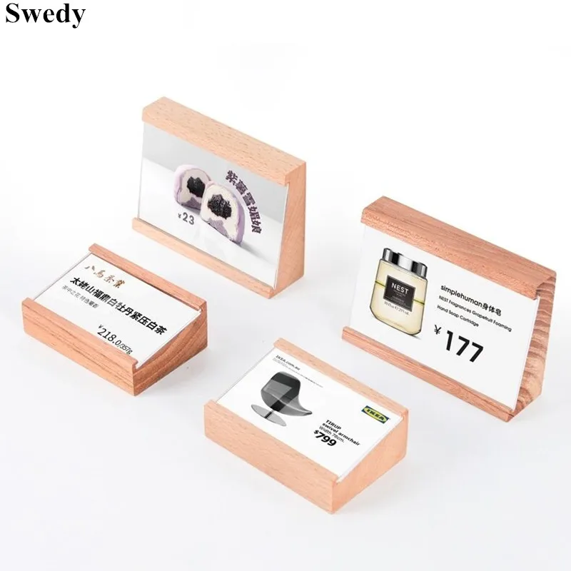 50x70mm Small Wood Base Acrylic Sign Holder Display Stand Table Number Place Card Holder Mini Price Label Card Tags