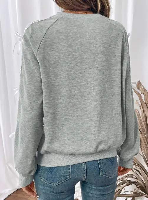 

2025 Casual Sweet Style Bow Lace Splicing Grey Long Sleeve Top Autumn Women Fashion Elegant Casual Round Neck Loose T-Shirt Top