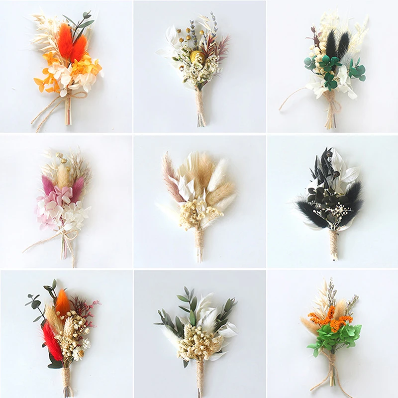 1pc Mini Natural Dry Flowers Bouquet Boutonnieres Groomsmen Buttonholes Bridesmaid Flower Corsage Brooch Christmas Wedding Decor