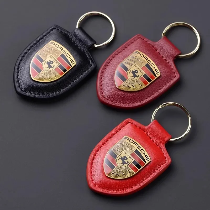 Car Keychain Key Holder Shield Leather Key Rings Men Women Gift For Porsche 911 718 Cayenne Cayman Panamera Macan Taycan Boxster