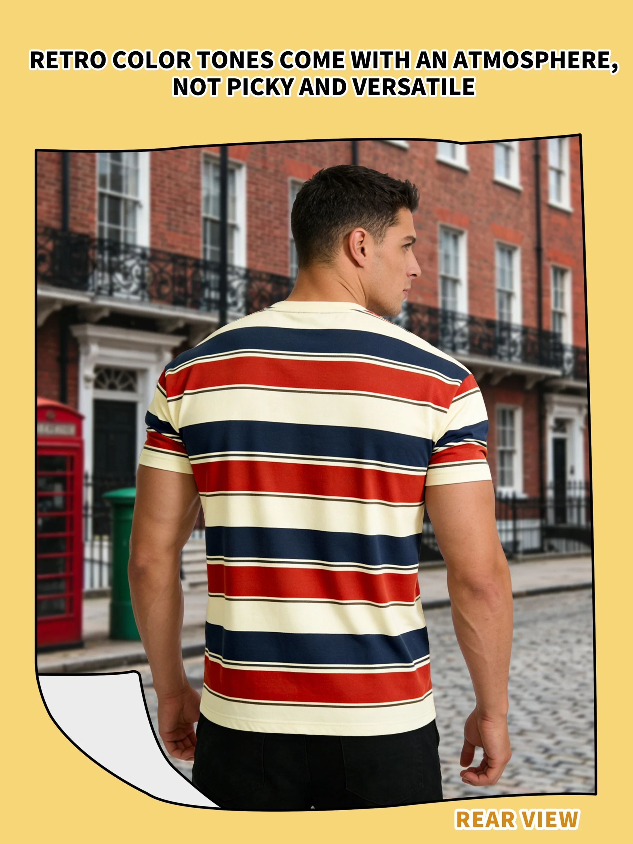 Herren-T-Shirt mit Rot-, Gelb- und Blau-Streifen, Kurzarm-Rundhals-Freizeit-T-Shirt, Klassisches Oberteil mit horizontalen Streifen für den Alltag – Detail 1
