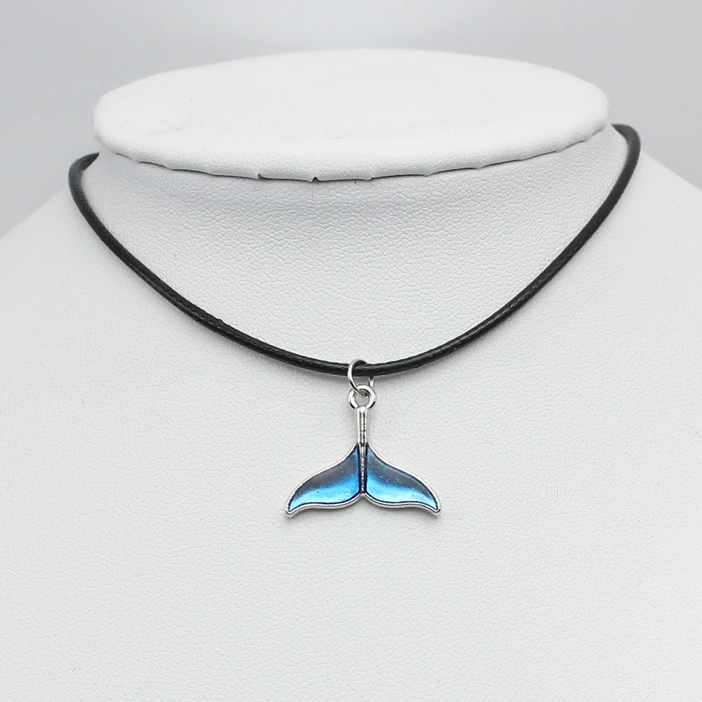 Blue Ocean Dolphin Whale Tail Pendant Necklaces Simple PU Leather Chokers Collares For Women Girl Daily Jewelry Party Gifts