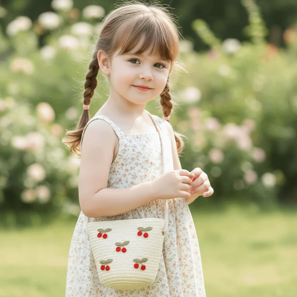 Cute Red Cherries Children Straw Bag Zipper Photo Props Crossbody Bags Small Wallets Beach