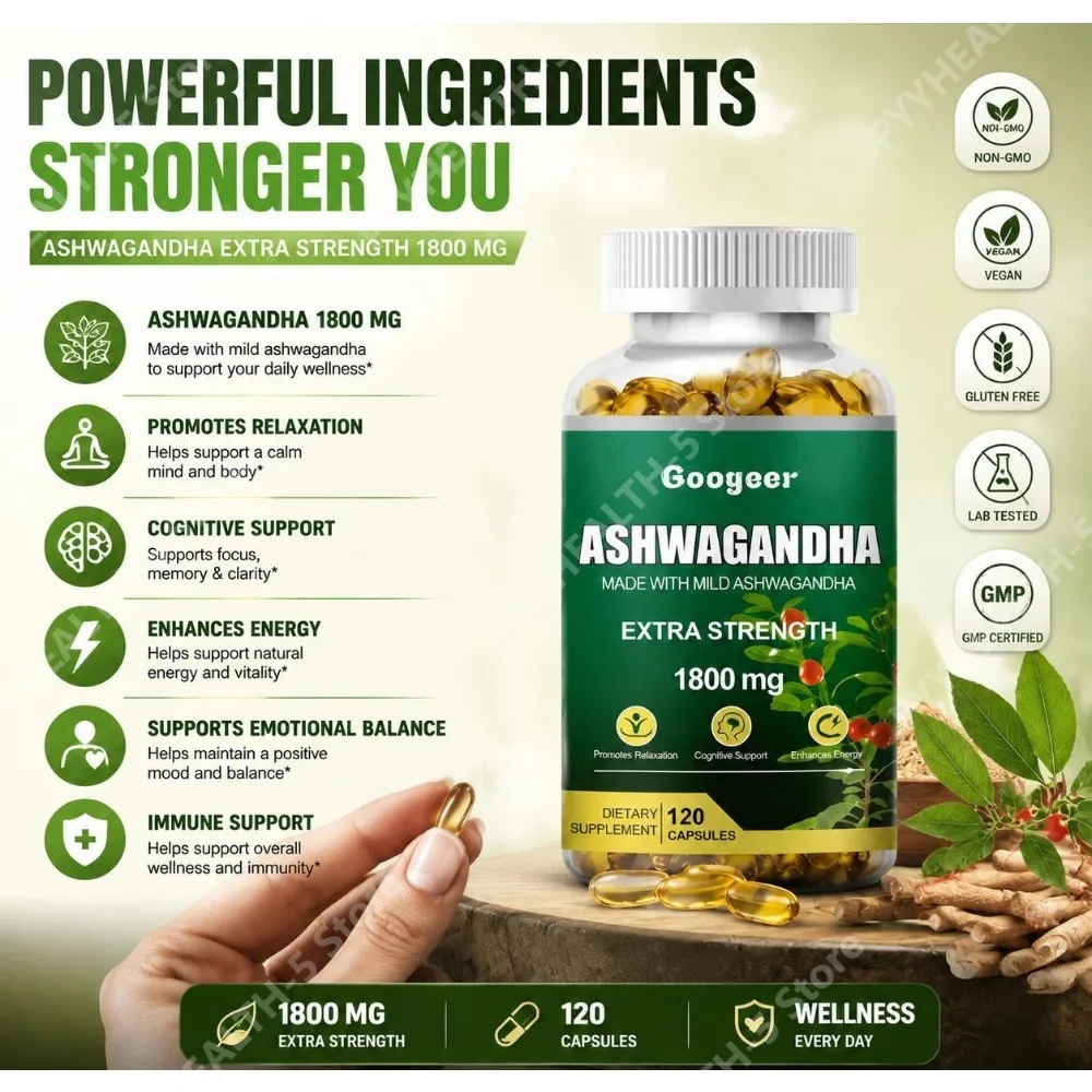 Ashwagandha Extra Strength Capsules, 1800 Mg, Promotes Immune Support and Emotional Balance, Enhances Energy, 120 Capsules