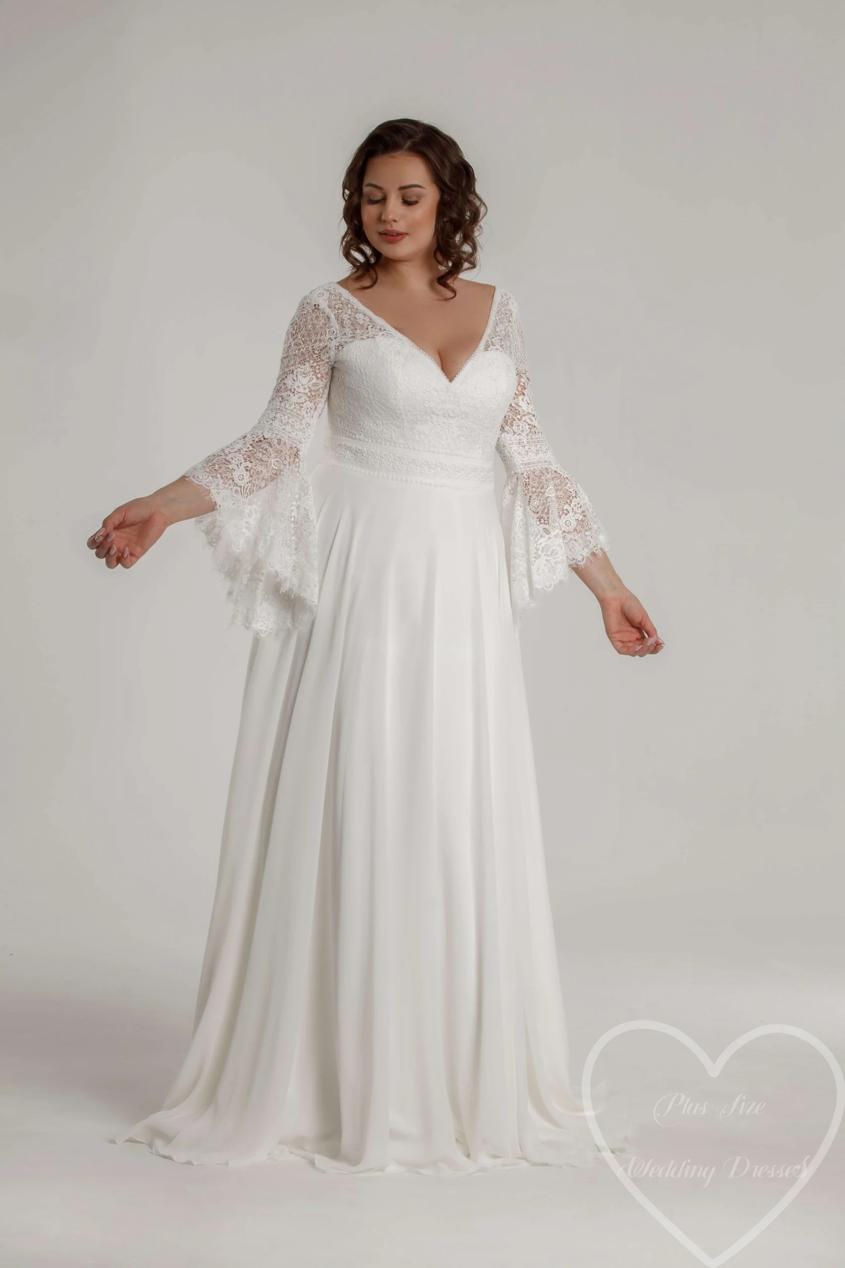 Plus Size V-neck Elegant Wedding Dress Flare Sleeve Chiffon Wedding Gowns With Train Lace Ivory Prom Dress Bridal Gowns Custom