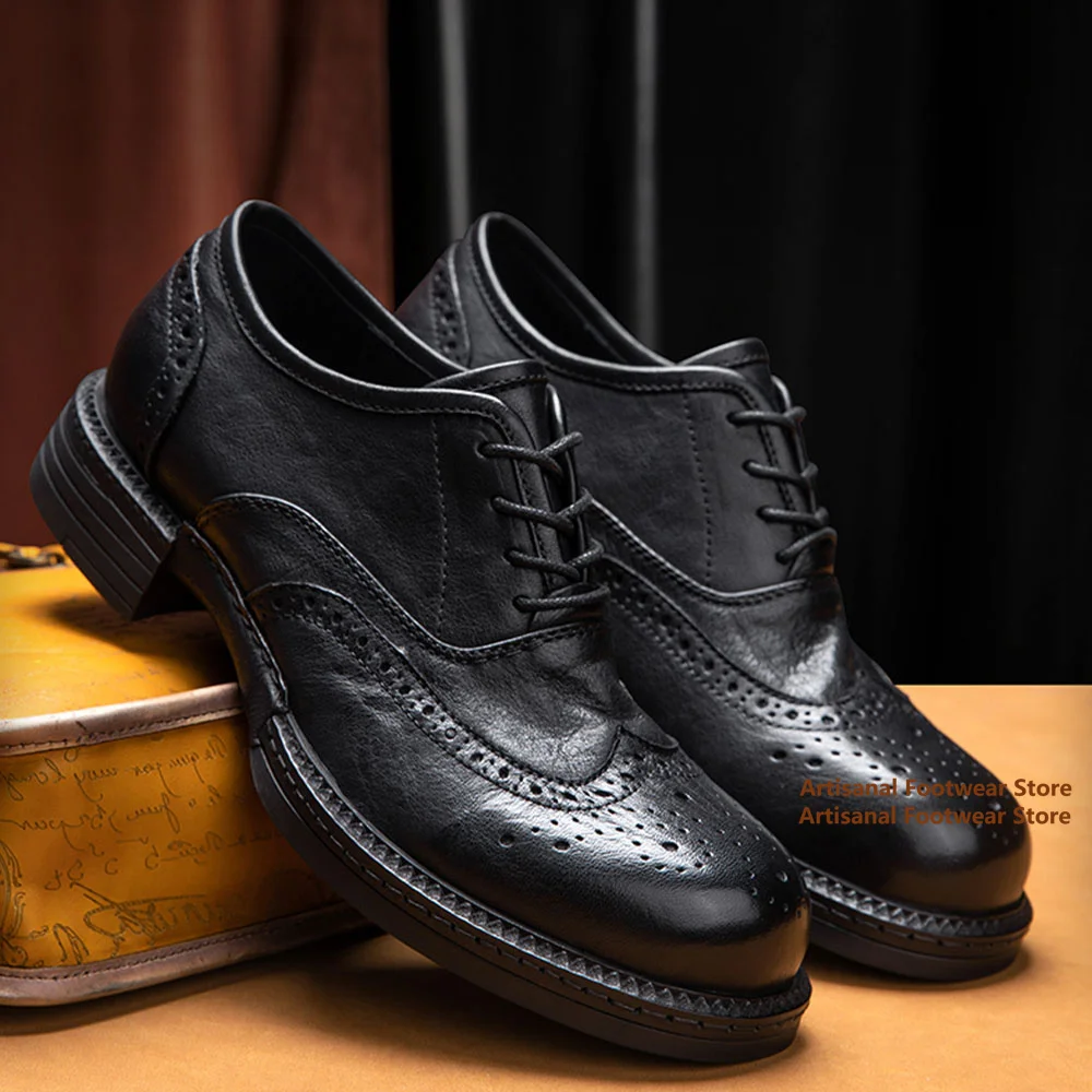 

Carved Black/brown Leather Shoes Genuine Leather Men's Shoes Thick Sole British Style Handmade Men's Formal Cowhide Casual Shoes