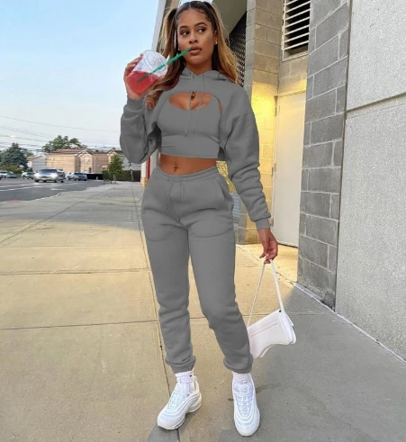 Women's Three Piece 2024 Winter Casual Solid Hooded Sweatshirt Long Sleeve with Crop Tank Tops and Drawstring Pants Set