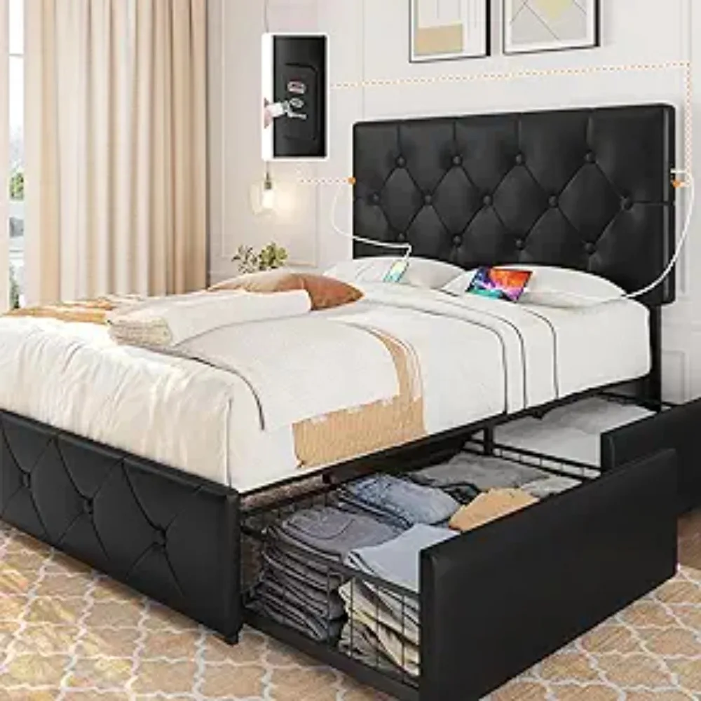 

Queen Size Upholstered Bed Frame Ports for Type A & Type C/4 Storage Drawers/Adjustable Headboard, Black Bed Bases