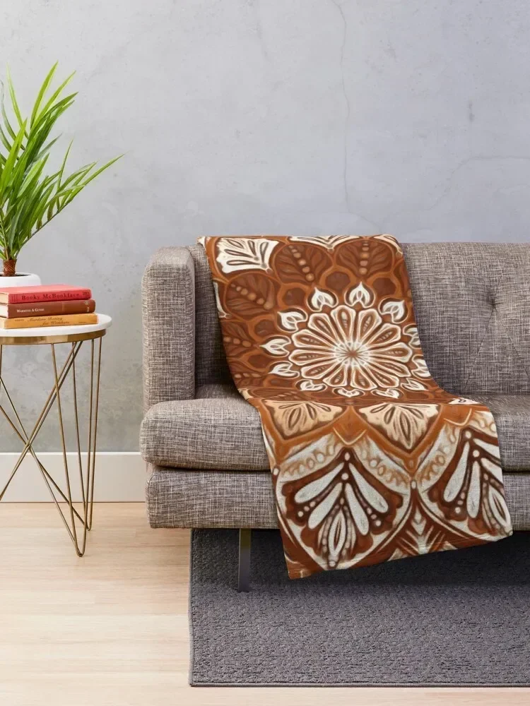 Boho Mandala in Monochrome Brown and Cream Throw Blanket