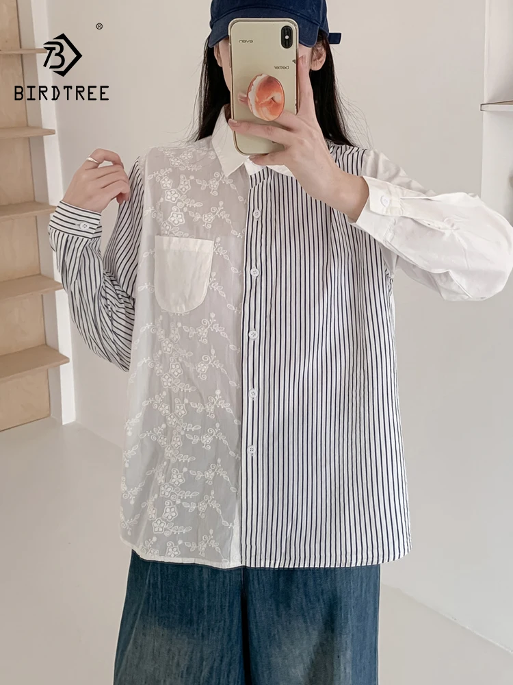 

Новая женская хлопковая рубашка с длинным рукавом Весна 2026, с отложным воротником, кружевными полосатыми вставками, в стиле Mori Girl, винтажная, повседневная, свободная блузка T63750CC