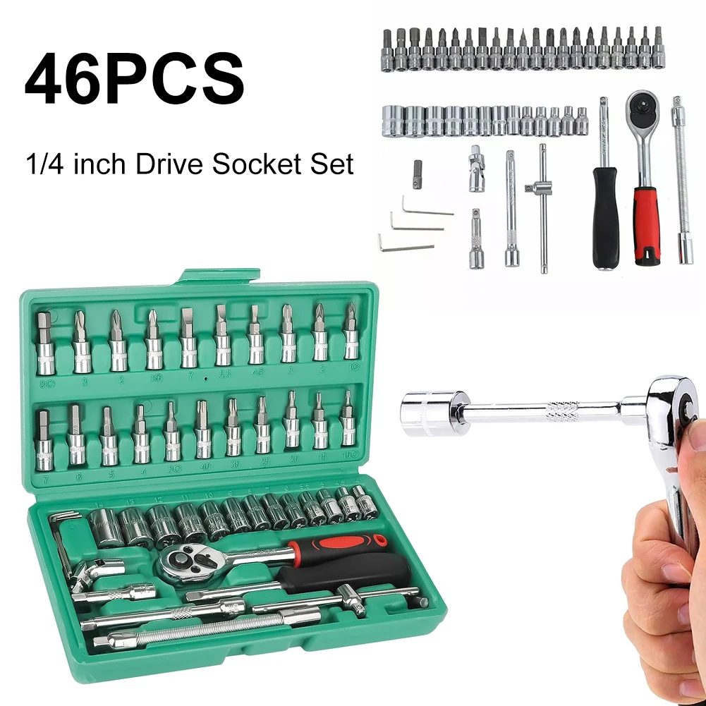 46Pcs Ratchet Torque Wrench Combo Metric Flexible Head Ratcheting Wrench 1/4 Drive Hex Bit Socket Wrench Set Car Repair Tool Kit