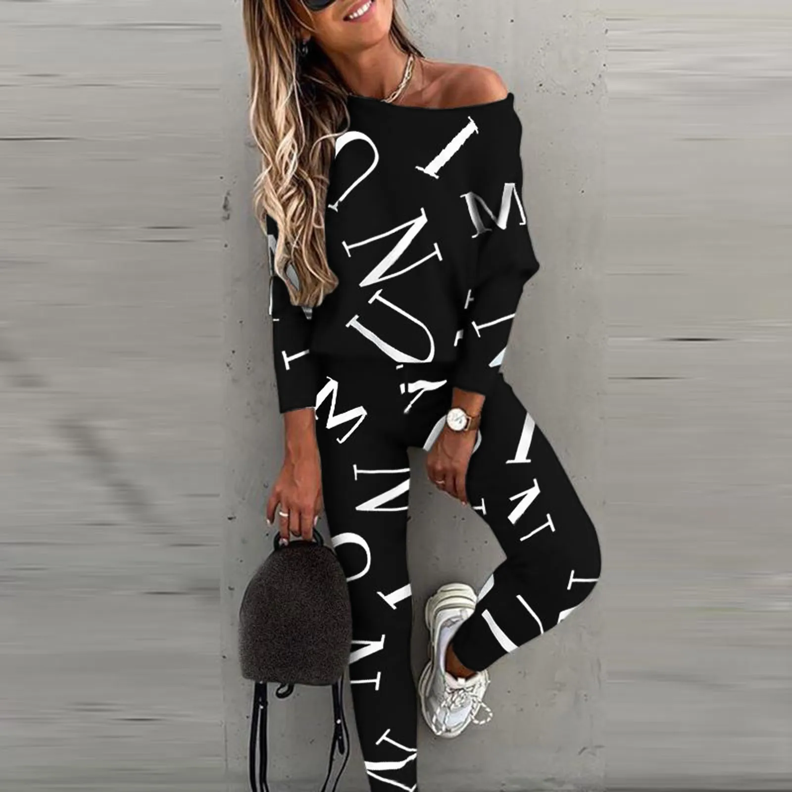 Women\'s Casual Fashion Letters Printed Bat Sleeve Long Pants Leisure Sports Suit Casual Loose Versatile Two Piece Set Outfit