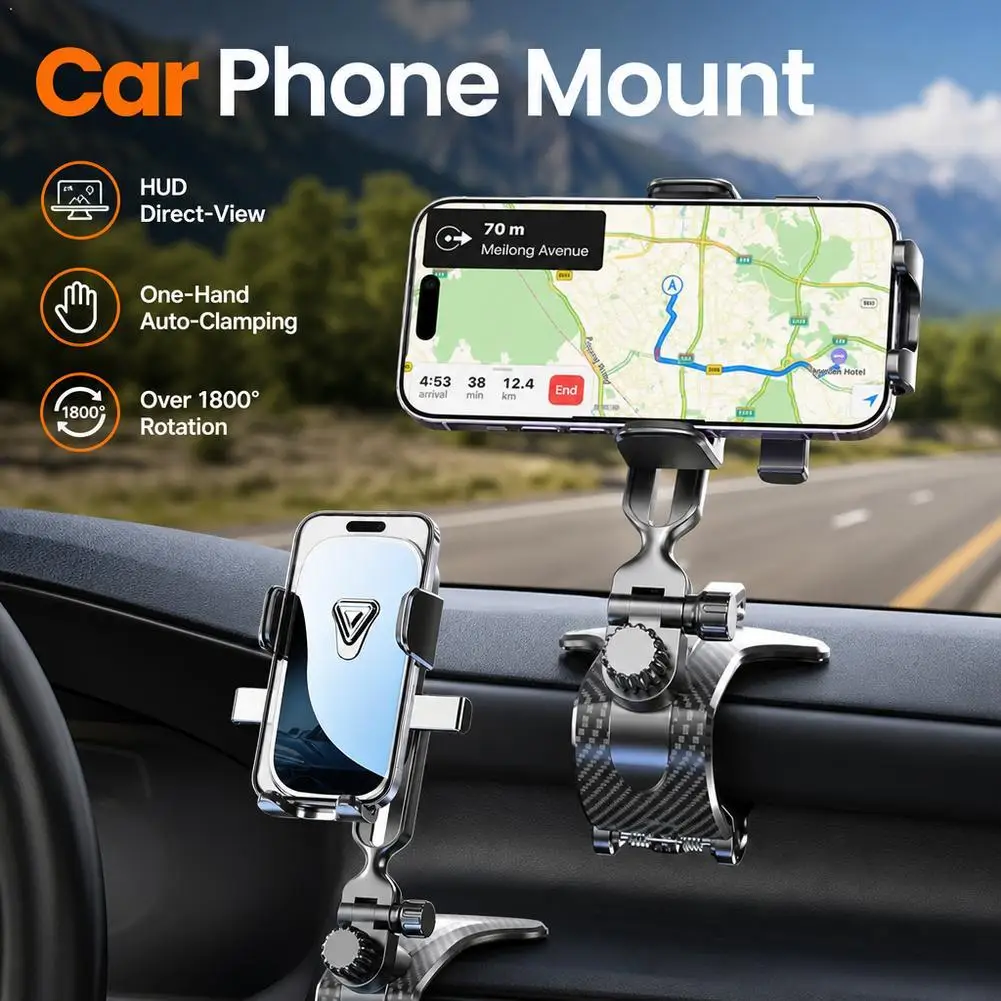 Car Phone Mount HUD Dashboard Phone Holder 180 Rotation Auto Clamping GPS Bracket For iPhone 17 Pro Max Samsung