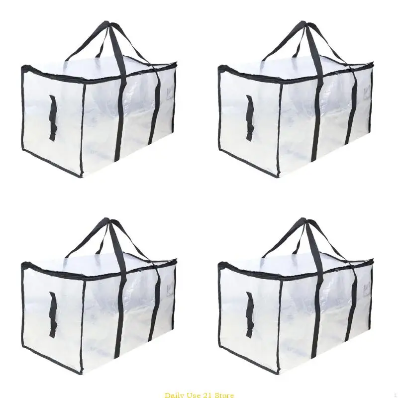 

Pack of 4 Large Transparent Moving Bags with Reinforced Strap and Zippers Waterproof Bag for Storage and Organization