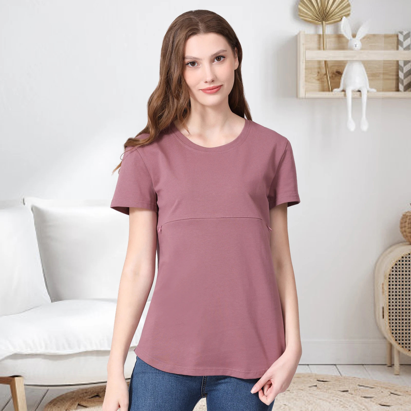 T-shirt maternidade com manga curta para as mulheres grávidas, roupas de maternidade, de algodão, com zip, tamanho grande 5xl