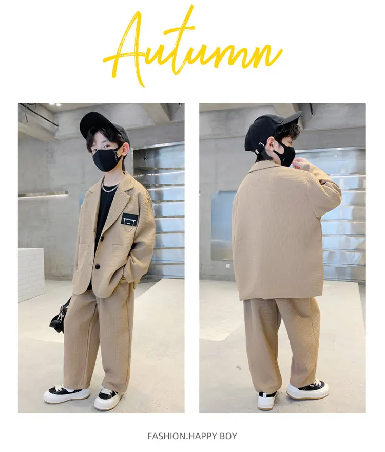 Anzug für Jungen, Blazer + Hose, zweiteilig, schwarz, khaki, Frühling, Herbst, koreanische Kinderkleidung, lässig, formell, weich, für 5 bis 14 Jahre – Detail 4