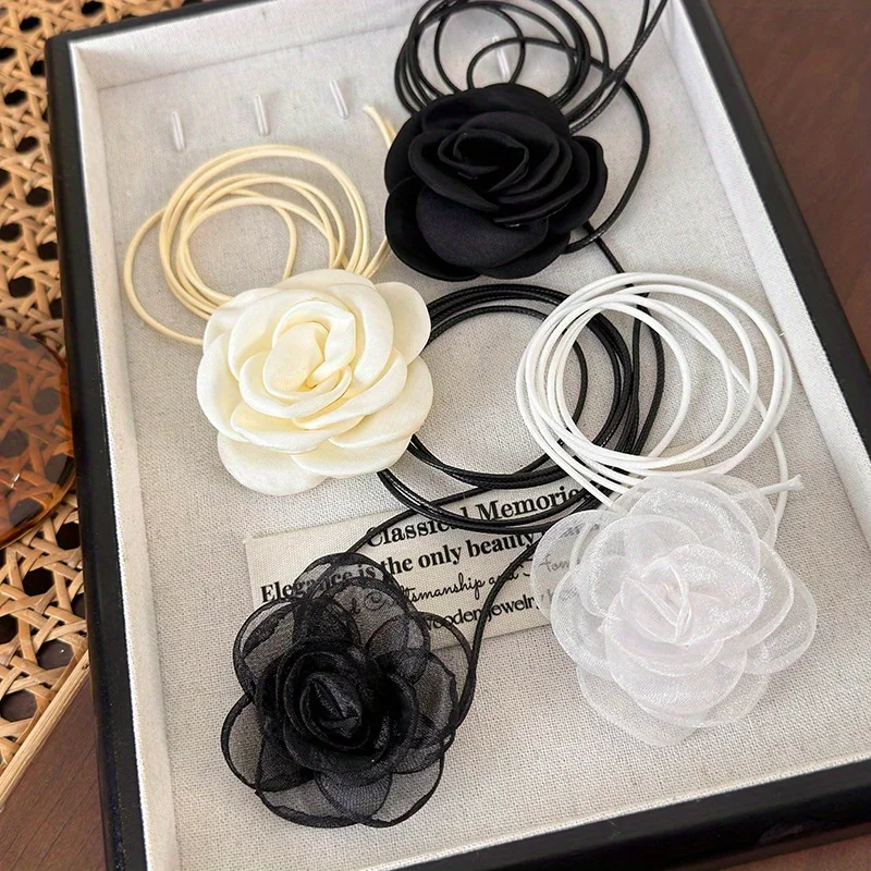 4pcs Trendy Rose Flower Choker Neck Floral Collar Necklace Camellia Flower Wax Rope Neck Chain Lady's Fashion Accessories