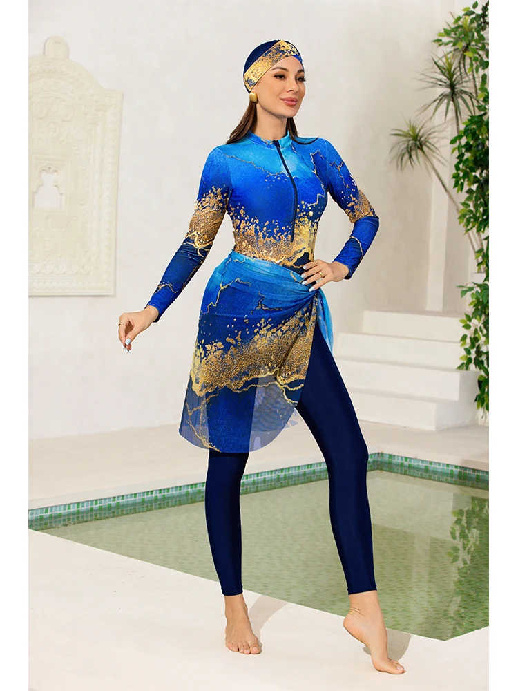 

4 шт./компл. Буркини Мусульманский модный синий исламский комбинезон с длинными рукавами, украшенный золотыми узорами