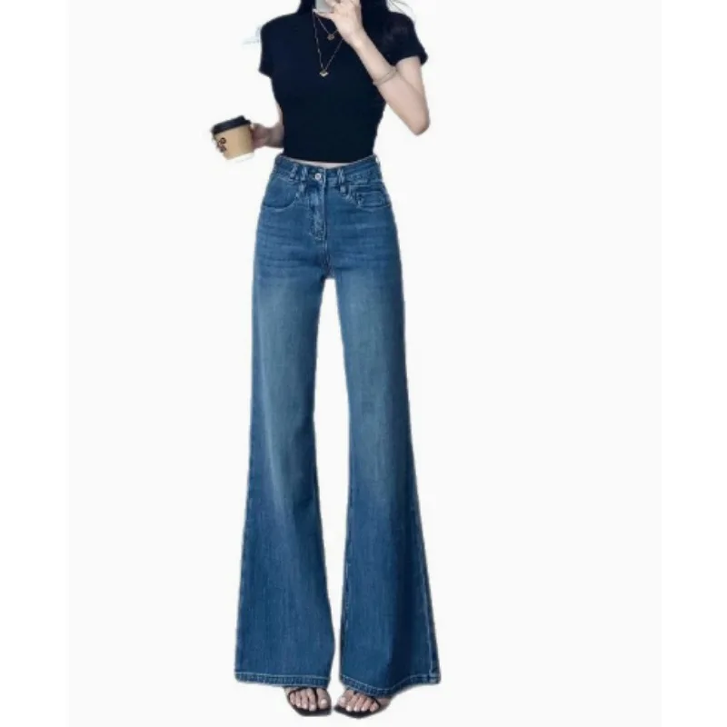 

Fashion Solid Color High Waist Flared Jeans Women Spring Autumn New Style Retro Elastic Slimming Casual Loose Fit Denim Pants