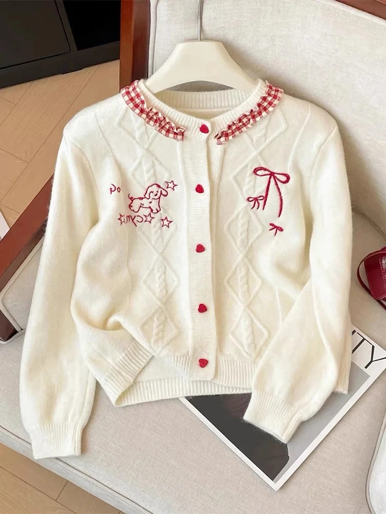 

Милый кардиган с галстуком-бабочкой и вышивкой для маленькой собаки, вязаный свитер с узором в виде сердца, весна-осень, новая верхняя одежда Sle Agel, топ