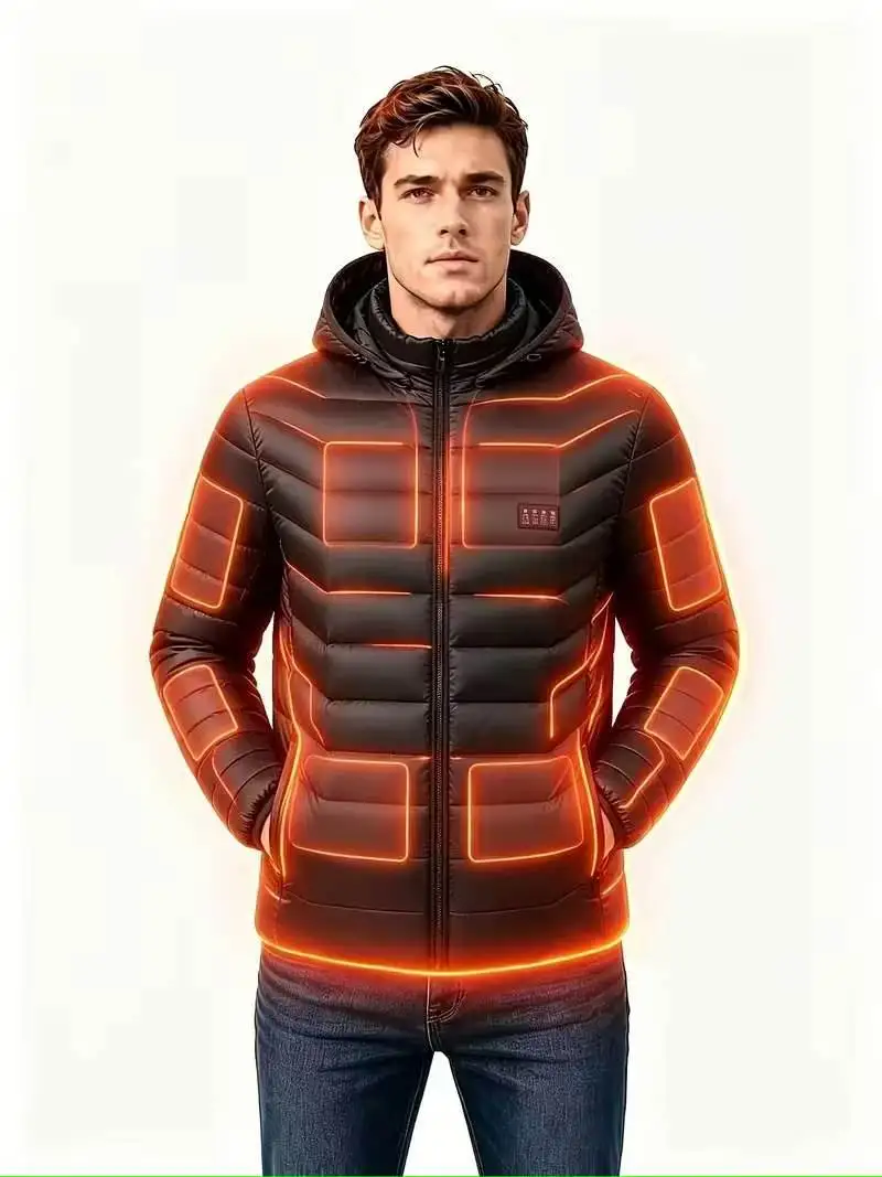 Men's Intelligent Heating Jacket 39 Heating Zones Four Temperature Control Settings Outdoor Cold Resistance Winter Hat Included (Battery Not Included)