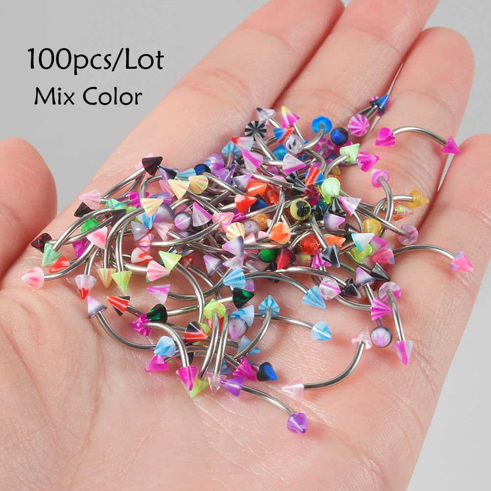 100PCS/Set Surgical Steel  Internal Threaded Curved Barbell Cone Eyebrow Ring Ear Tragus Cartilage Helix Piercing Jewelry 16G