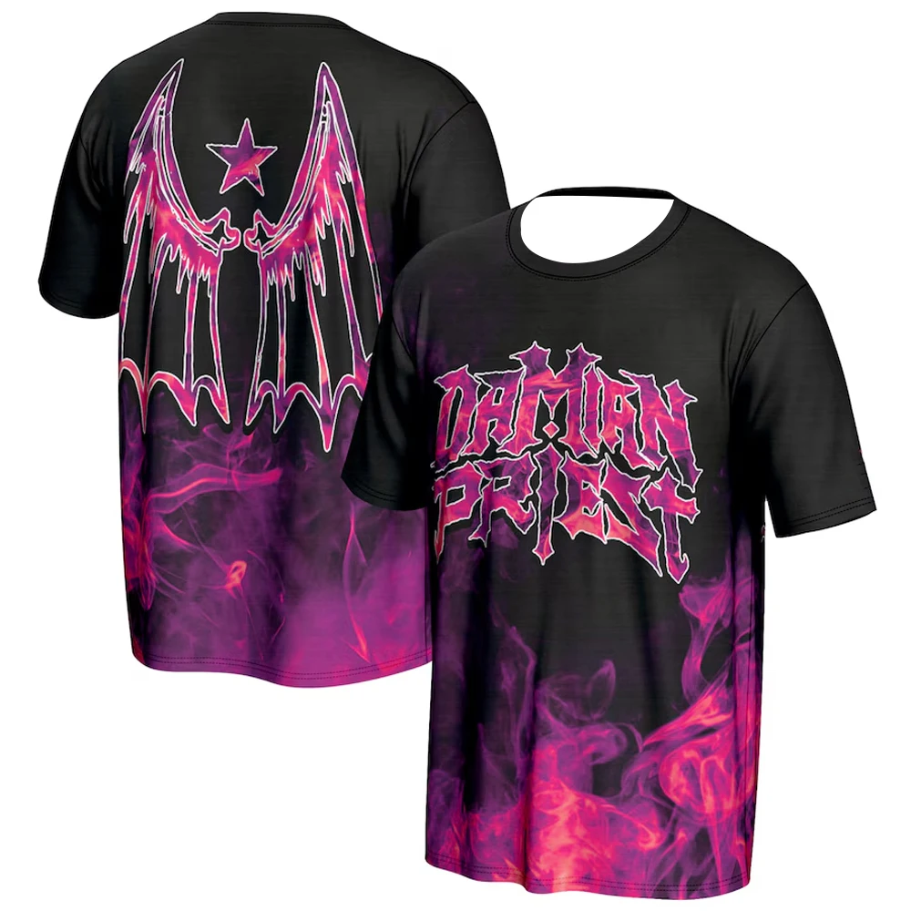 2024 Mens WWE T Shirt Damian Priest ProSphere Purple Flames T-Shirt Youth Kids Wrestling Fans Must Have Unisex Tee Clothes