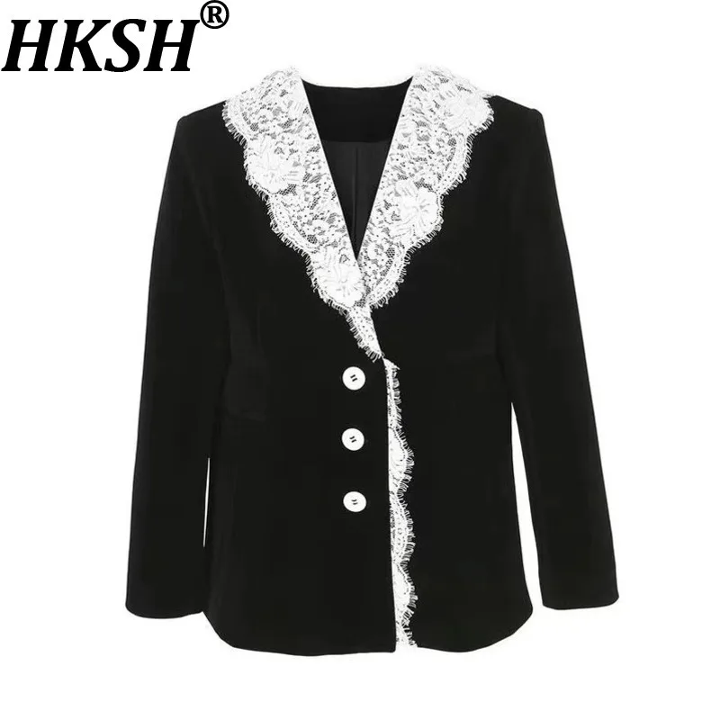 

HKSH весна осень новый женский пиджак кружевной лоскутный контрастный цвет однобортный элегантный уличный шикарный бархатный пиджак HK13680
