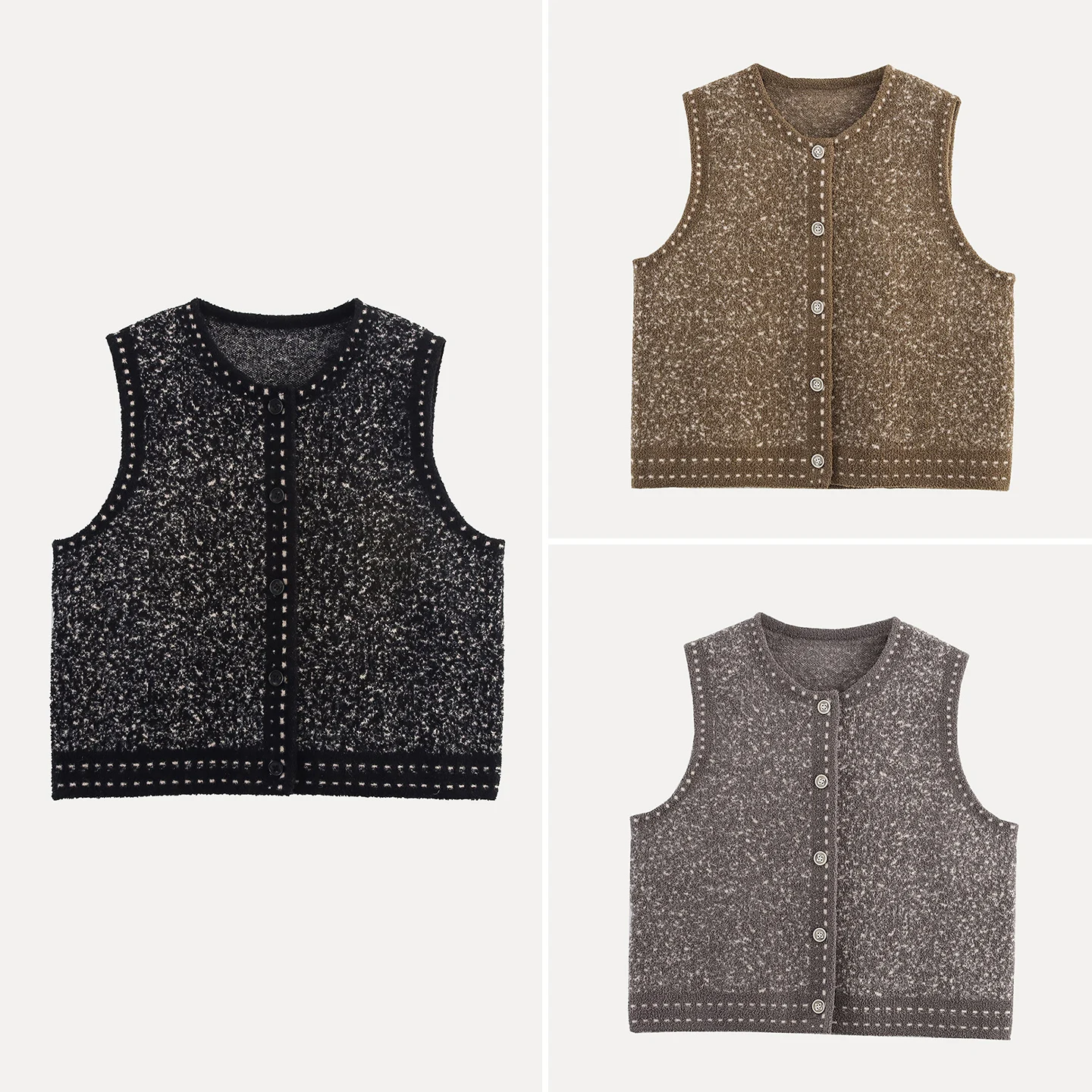 

2025 Autumn New Arrival Women's Knitted Open Cardigan Vest Color Blo Stitching Little Fraance Sle round Ne Single Button