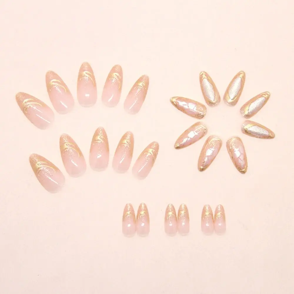 24 pçs longo amêndoa unhas falsas cristal coração flor branca imprensa francesa em unhas destacável brilhando starburst arco de ouro dicas de unhas