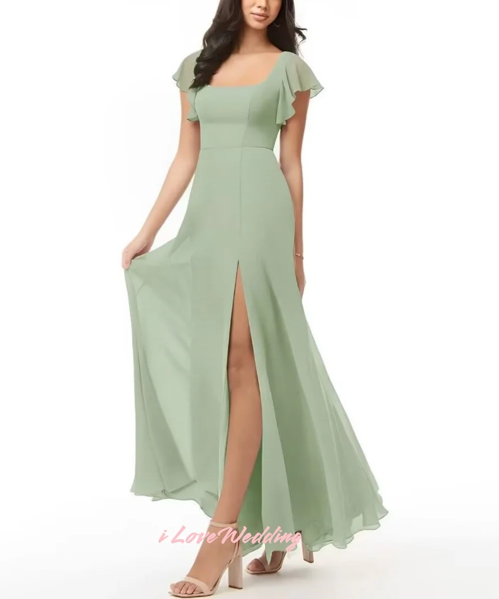 Chiffon Bridesmaid Dress Square Neck Cap Sleeves A Line Split Back Tie Wedding Guest Dress Floor-Length Minimalist Customized