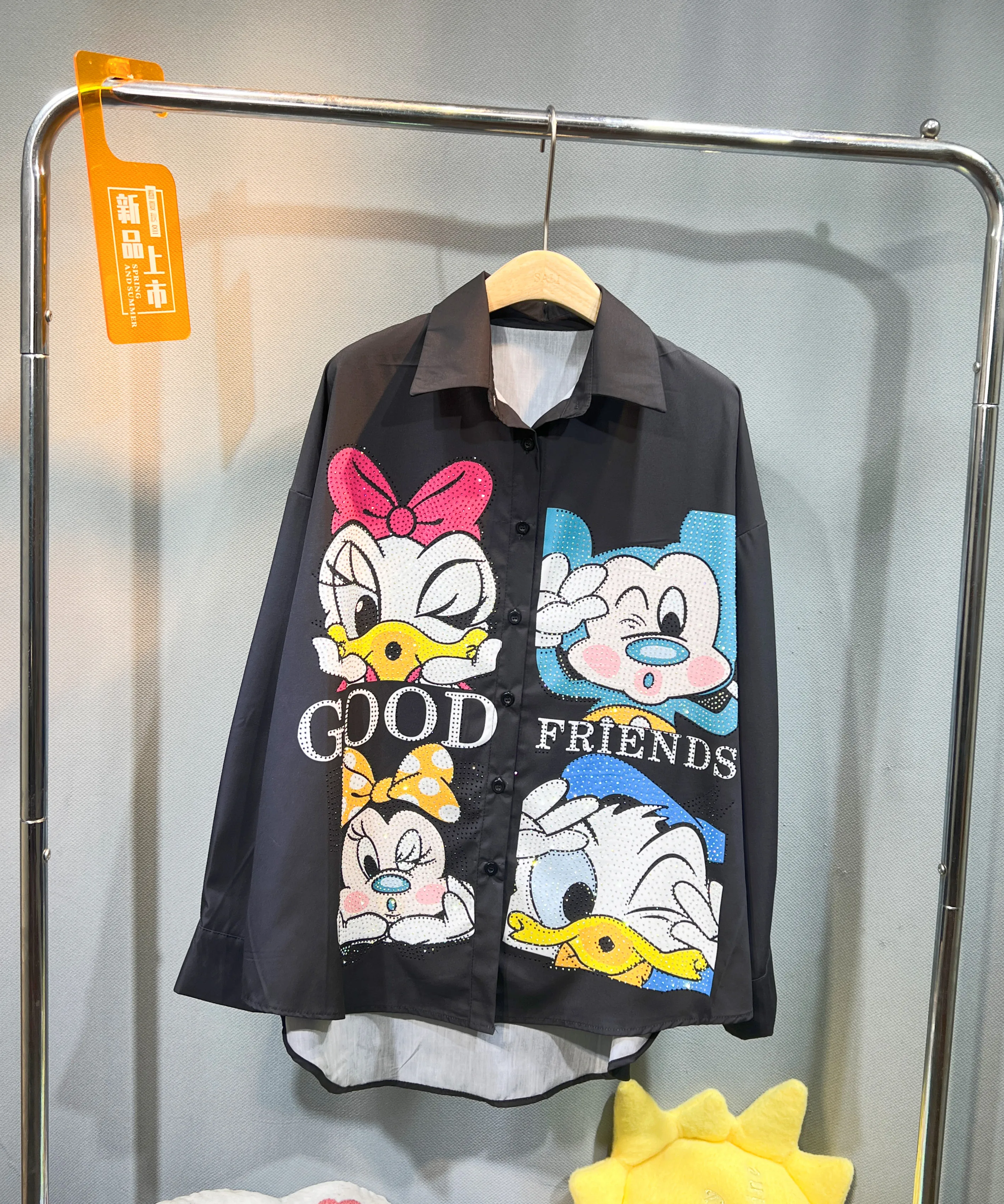 European Station Trendy Brand Heavy Industry Printed Cartoon Shirt Women's 2025 Autumn New Loose Versatile Long Sleeve Top