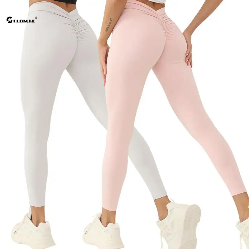 CHRLEISURE Back V Butt Yoga Pants Women Seamless Butt Fitness Leggings High Waist Ruched Tights Elastic Slim Activewear Gym Wear