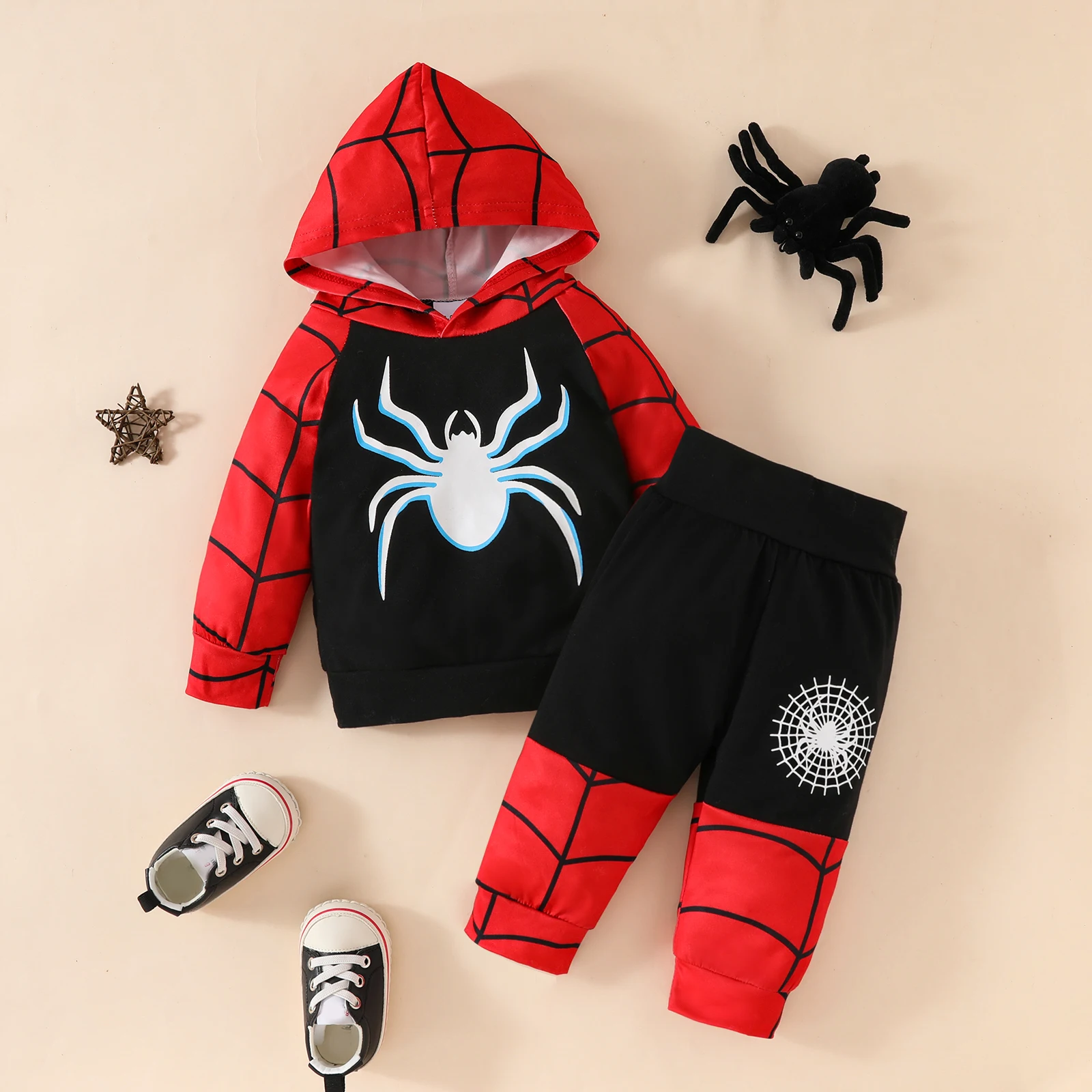 Autunno baby boys spider print top con cappuccio abbinato al colore, pantalone abbinato al colore