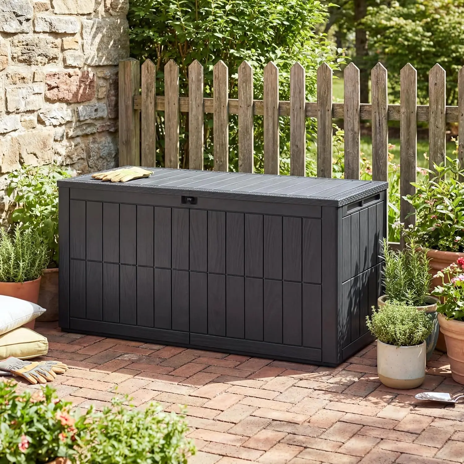 

100 Gallon Deck Box Outdoor Storage Box Lockable Waterproof Resin Indoor Outdoor Storage Container