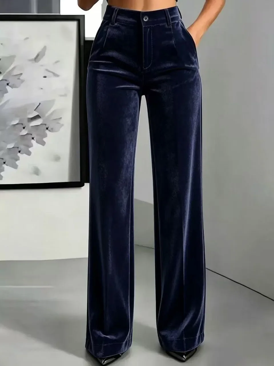 New Women Velvet Straight‑leg Pants, High Waist Draping Simple Trousers, Slim Fit Tummy Control Casual Bottoms