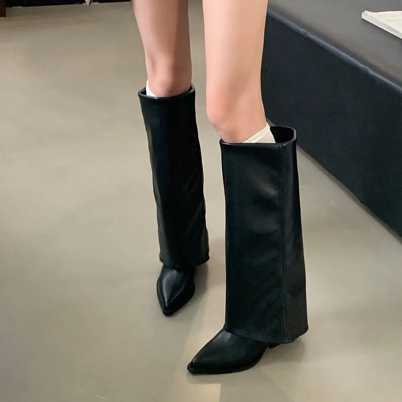 Winter Women Knee High Boots Pointed Toe Black White Thin High Heels 2024 New Arrivals Party Pumps Slip On Sexy Party Pumps